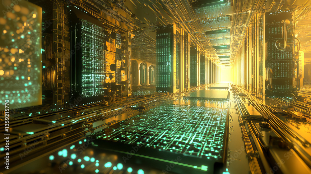 Poster future processor. quantum cpu in the nanotech computer network. 3d illustration of digital cyberspac