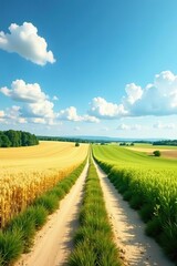 Beautiful idyllic landscape with wide cereal field, pasture, deserted road, blue sky,  banner,  blue