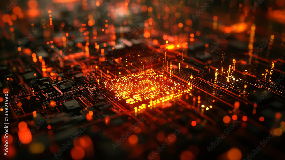 Poster future processor. quantum cpu in the nanotech computer network. 3d illustration of digital cyberspac
