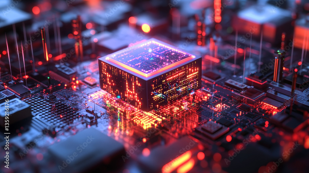 Poster future processor. quantum cpu in the nanotech computer network. 3d illustration of digital cyberspac