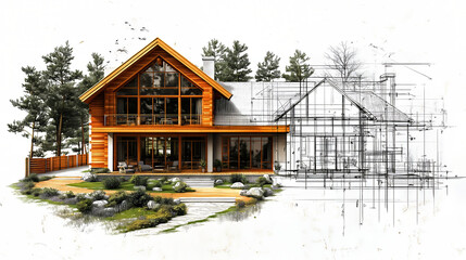 Modern wooden house project transforming into a finished building