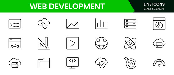 Application development line icons. Vector illustration included icons as mobile software, app UX prototyping, and data analytics pictogram for web startup launch. Green Color,
