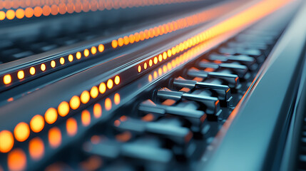 A close-up view of illuminated lines and switches, showcasing an intricate arrangement of glowing elements in an industrial setting.