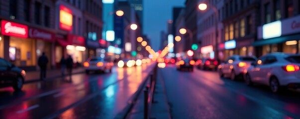 Obraz premium Blurry cityscape with vibrant colors and bokeh lights creating an abstract urban texture background for design projects, design, defocused