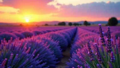 Naklejka premium Beautiful lavender fields at sunset in Provence, France with blooming flowers and warm light, blossoming, traditional