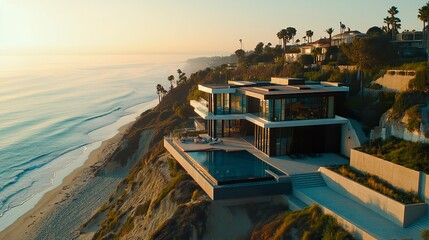 Fototapeta premium Coastal luxury residence, dramatic ocean views from every angle, exclusive boardwalk to the beach, sleek minimalist design, drone shot, bright natural tones. 
