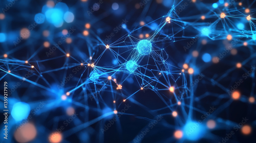 Poster neural data field 3d illustration. cyber network data particles
