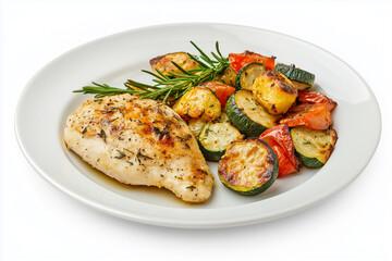 healthy plate concept, baked potatoes, carrots and chicken fillet on a plate