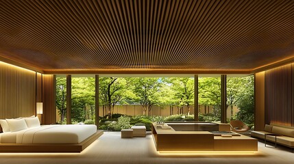 Fototapeta premium Luxurious bedroom with onsen and garden view.