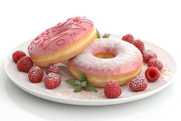 Delicious Pink Donuts with Raspberries and Powdered Sugar on a White Plate