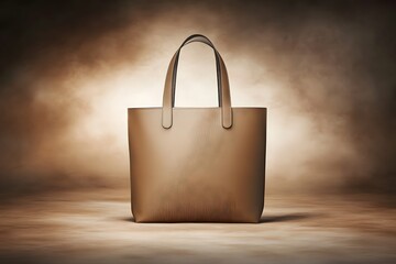 Elegant Tan Leather Tote Bag Mockup on Brown Background