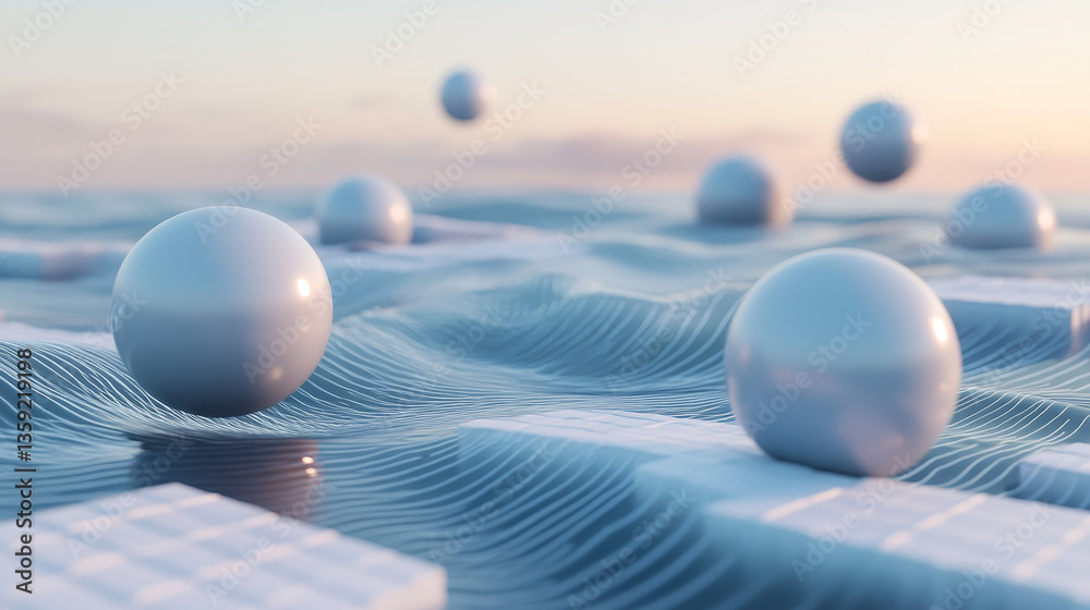 Poster futuristic image of a wave on a plane of squares and abstract spheres. vector background image.