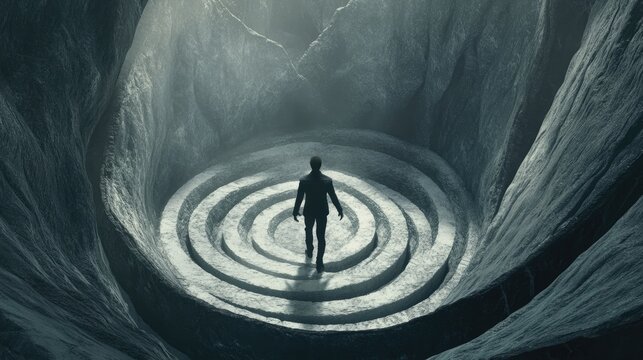 A Solitary Figure Contemplates a Circular Stone Maze Nestled within an Enigmatic Cave