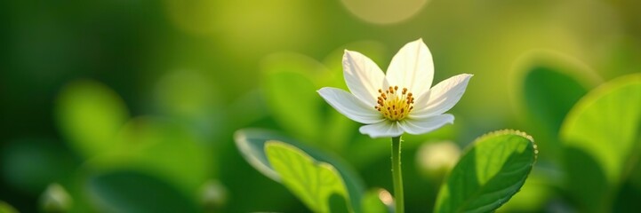 Obraz premium Blood Root flowers in morning light, showcasing delicate white petals and vibrant green leaves, botanical, herbaceous