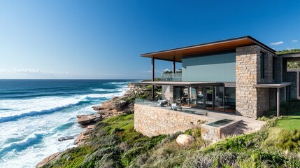 Obraz premium Coastal retreat with a modern home featuring azure green panels, rugged stone facade blending into the landscape, ocean waves crashing below 