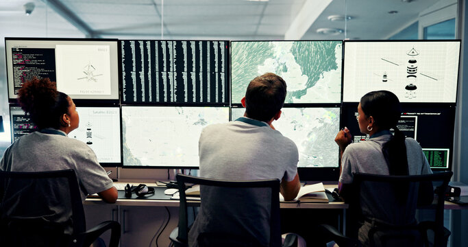 Forecast, screen and meteorology with people for weather, satellite maps or teamwork to track storm. Control room, back or scientists with monitor for broadcast news, pattern review or climate change
