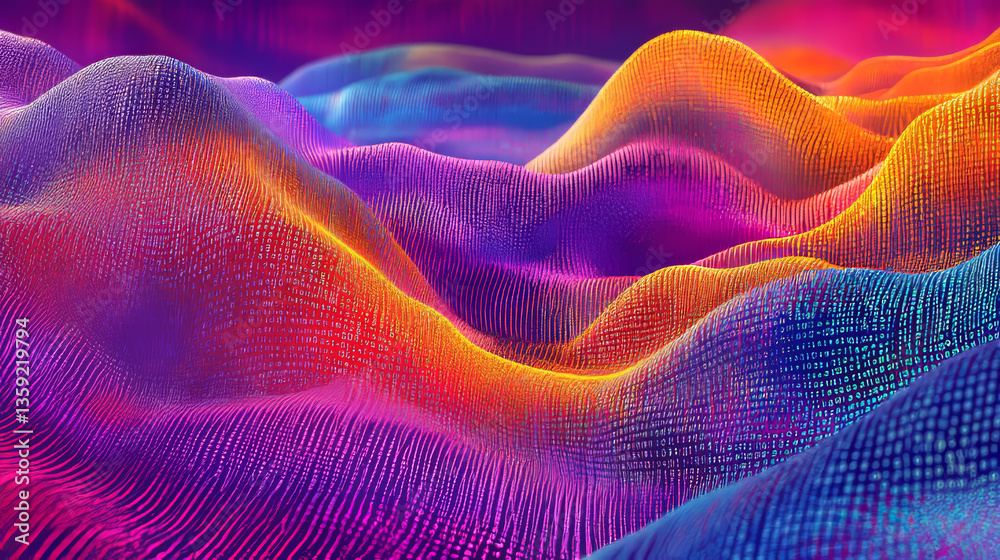 Poster wavy field, lines with a digital code. digital structure, big data concept 3d illustration. coded da