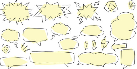 Obraz premium drawn with black curved lines, hand drawn shapes, silhouettes, speech bubbles and thought bubbles, arrows, lightning, explosions, arrows, doodles, spirals with light yellow fill. Isolated elements