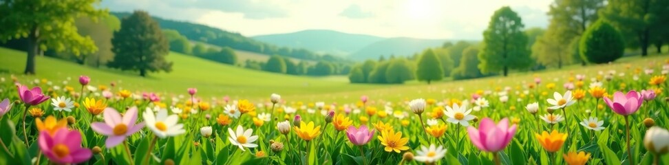 Fototapeta premium Blooming flowers and green landscapes in rural springtime scenery, peaceful, green