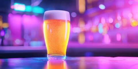 Golden Beer in Neon Lit Bar Nightlife Scene