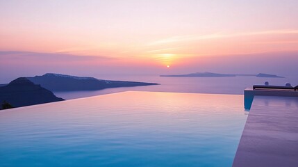 Obraz premium Coastal villa featuring an infinity pool glowing under sunset hues, sleek minimalist interiors, panoramic ocean view 