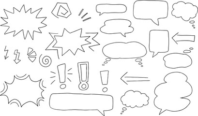 Obraz premium figures silhouettes speech bubbles, lightning, stars, explosions, arrows, scribbles, spirals, exclamation marks drawn with black curved lines hand drawn. Isolated elements