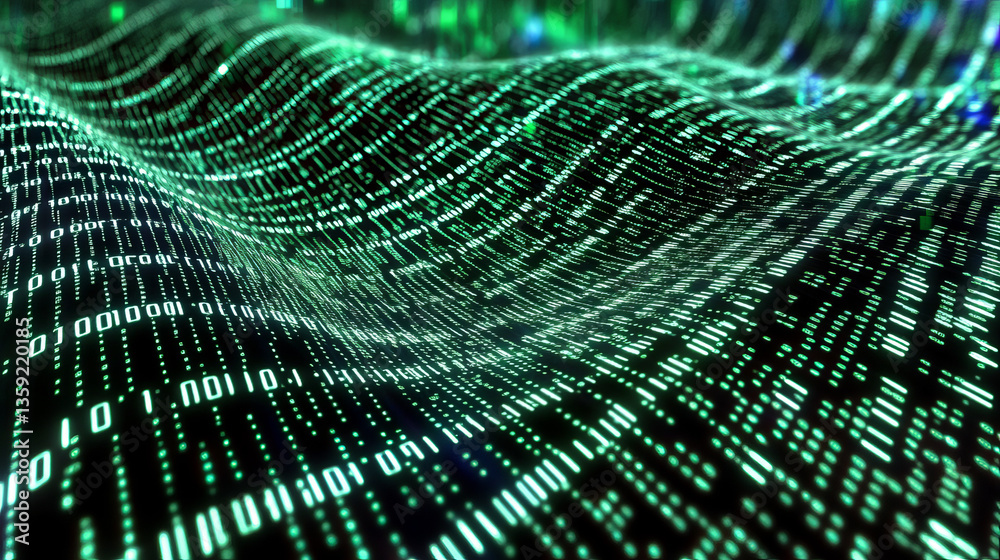 Poster wavy field, lines with a digital code. digital structure, big data concept 3d illustration. coded da