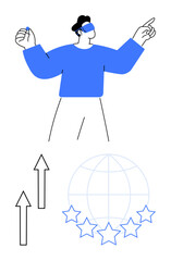 Person wearing VR headset interacting with technology. Includes arrows symbolizing growth, global network, and star ratings. Ideal for innovation, technology, global reach, progress, creativity