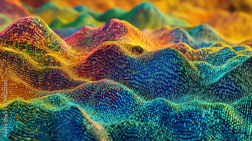 Poster wavy field, lines with a digital code. digital structure, big data concept 3d illustration. coded da