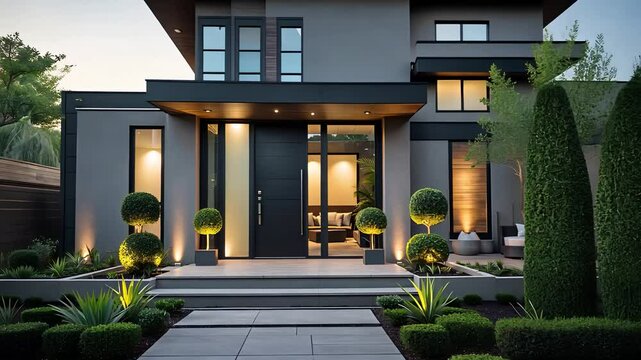 Modern luxury house exterior with elegant landscaping, geometric garden design, and warm architectural lighting

