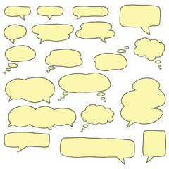 Fototapeta premium Hand drawn speech bubble silhouette figures, thought bubbles with light yellow fill, drawn with black curved lines. Isolated elements. Ideal for pop art, graphic design, vector illustrations