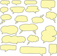 Hand drawn speech bubble silhouette figures, thought bubbles with light yellow fill, drawn with black curved lines. Isolated elements. Ideal for pop art, graphic design, vector illustrations