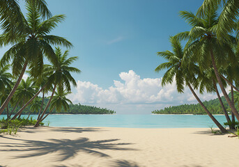 Naklejka premium Tropical Beach with Palm Trees and Clear Sky - Peaceful Seaside View.