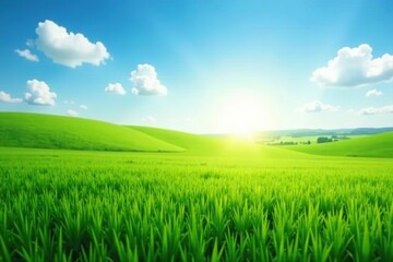 Obraz premium Beautiful panoramic natural landscape of a green field with grass against a blue sky with sun Spring summer blurred background, field, green