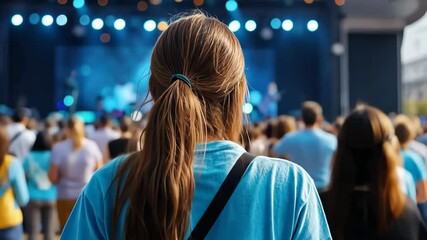 Person in blue shirt at outdoor charity event with crowd