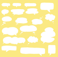 Hand drawn shapes of white speech bubbles and white thought bubbles on yellow background. Isolated elements. Ideal for pop art, graphic design, vector illustrations