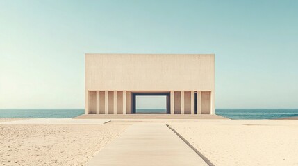 Fototapeta premium Contemporary beach building, pristine facade framed by sand and sea, soft natural lighting, open view with room for copy space above and around. 