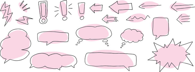 Black curved line drawn figures silhouettes speech bubbles, thought bubbles, lightning, explosion, doodle, exclamation marks with light pink rounded fill hand drawn. Isolated elements