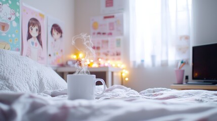 A cozy study area with anime posters, glowing fairy lights, and a steaming mug of coffee, symbolizing relaxation with generous copy space,