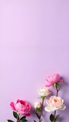 Pink and white flowers on pastel purple background. Top view with copy space. Spring card