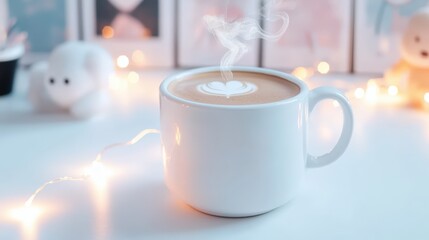 A cozy study area with anime posters, glowing fairy lights, and a steaming mug of coffee, symbolizing relaxation with generous copy space,