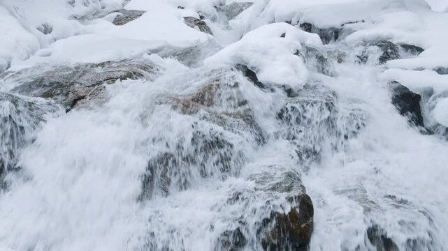 Snowy Rocks with River Water Flowing Down
