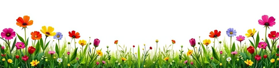 Fototapeta premium Border of vibrant meadow flowers and wild grass isolated on white background, isolated, plants