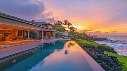 Contemporary beachfront estate, infinity pool overlooking ocean waves, open-concept interiors with chic decor, soft sunset glow 