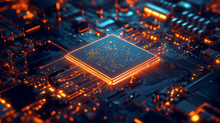 Bright neon light. Quantum processor concept. Blockchain technology in virtual cyberspace. 3D illustration on a tech background