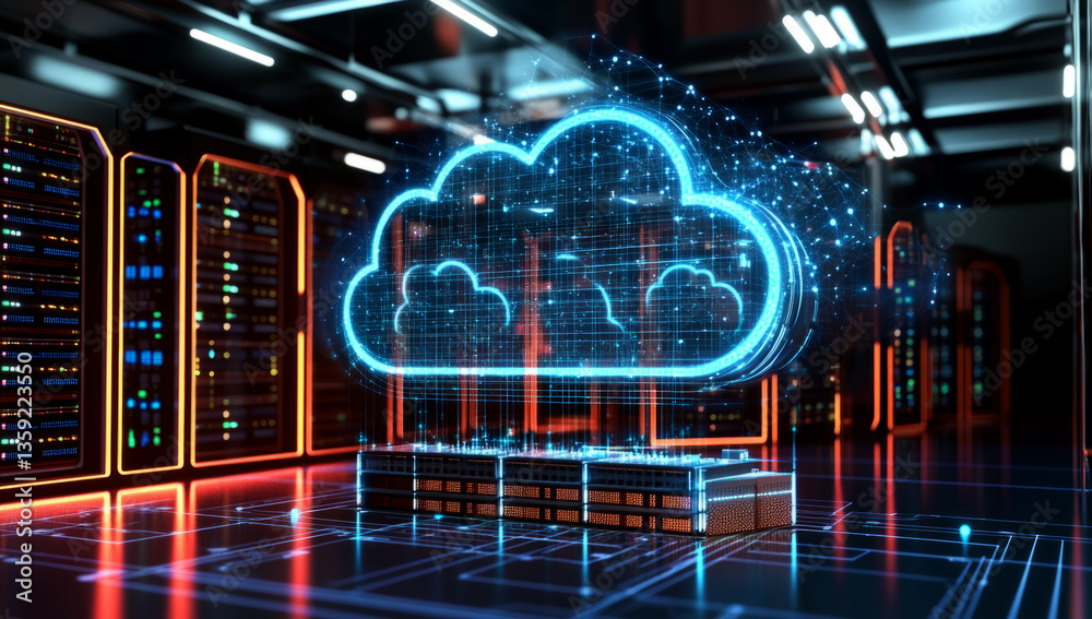 Poster 3d render of a cloud computing and data center with server racks, a technology background,