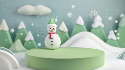 Fototapeta premium Happy snowman wearing a green hat and red scarf standing on a green platform in a snowy winter landscape.