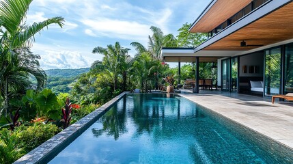 Contemporary holiday house, infinity pool merging with scenic views, surrounded by palms and tropical plants, sunny day ambiance 
