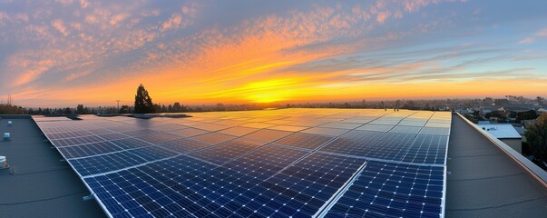 A picturesque sunset over a rooftop covered in solar panels, showcasing renewable energy and a vibrant sky filled with colorful clouds.