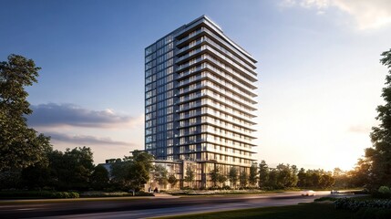 Contemporary luxury condo tower, sleek glass facade reflecting the sky, clean lines and modern architecture, vibrant natural light